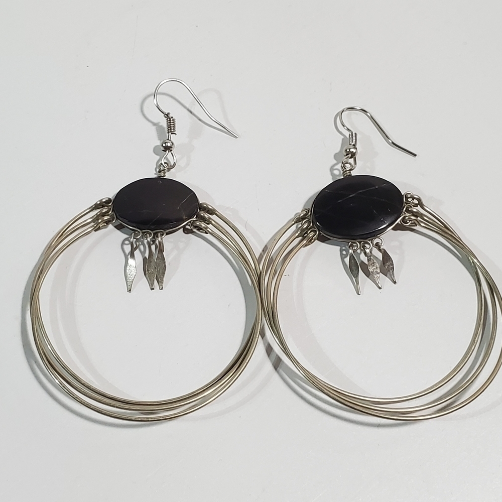 Handmade Black Tourmaline native American style wires wrap hoop dangle earrings